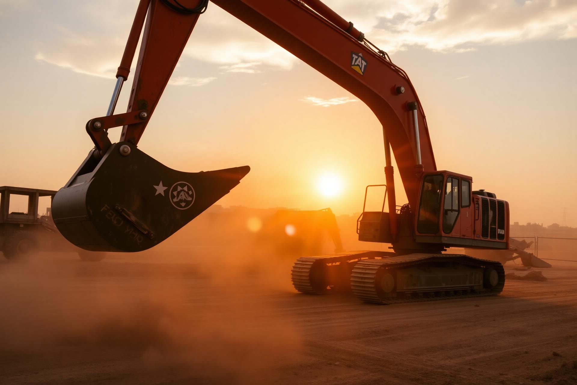 Heavy orange excavator working on a Lubbock construction site at sunset